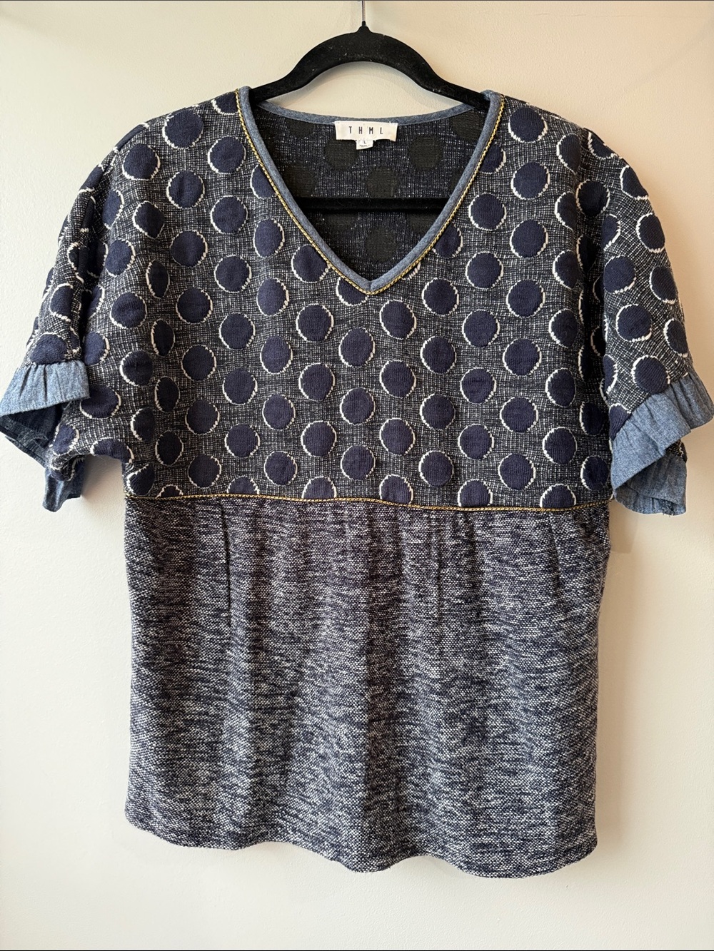 THML Navy Dot-Panel V-Neck Short Sleeve Top with Contrast denim and gold Trim L